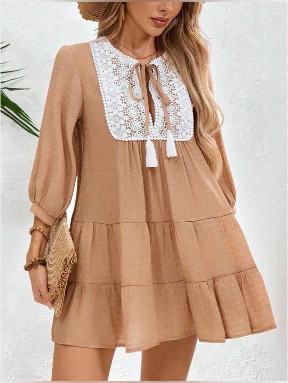 Zara Tan Tiered Dress with White Crochet Bib and Tassels